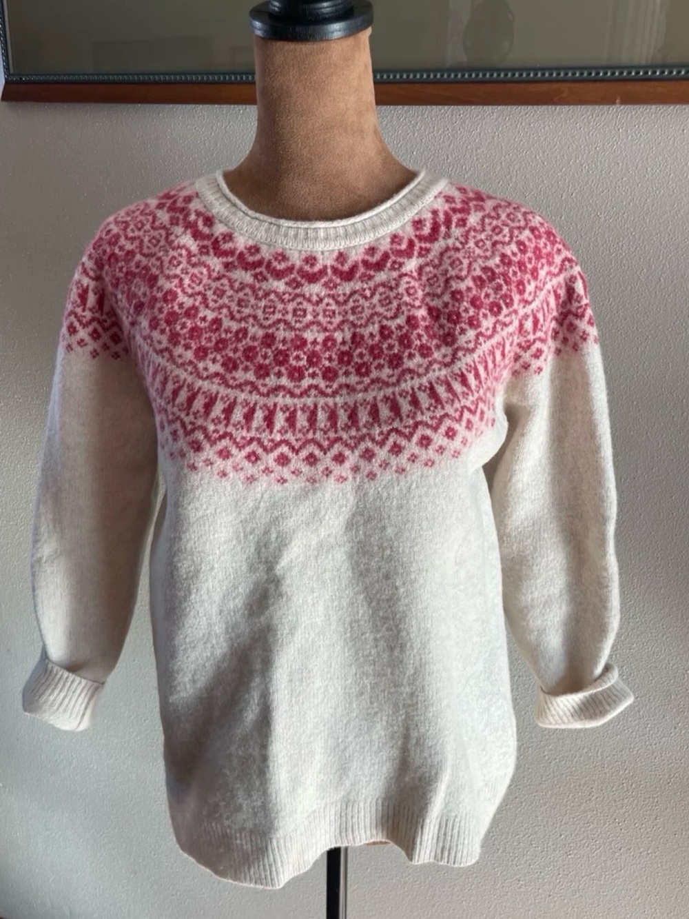Tabitha Webb Cream Crewneck Sweater with Pink Fair Isle Yoke